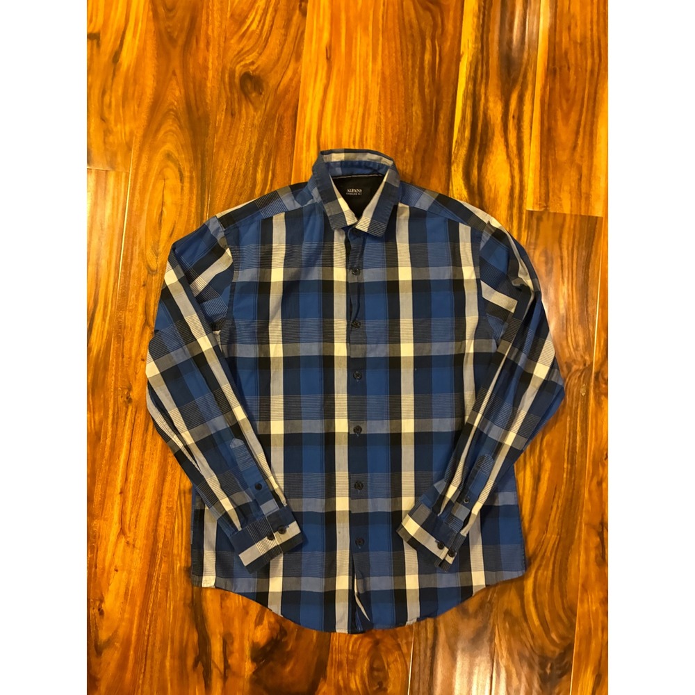 Alfani Mens Regular Fit Plaid Button Down Shirt Blue Black Size S 100% Cotton